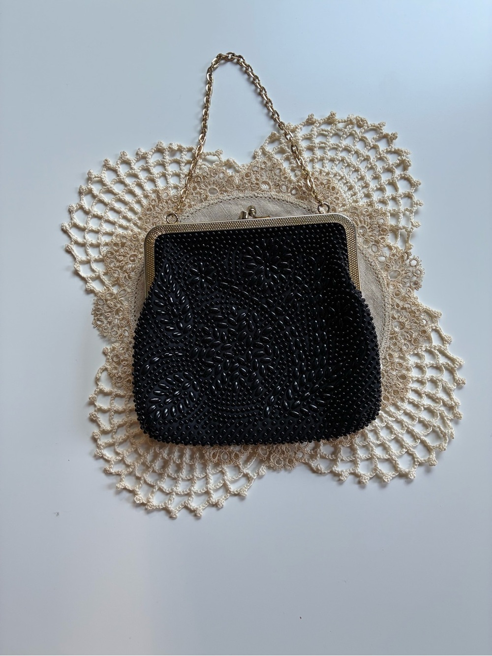 Vintage 1950s Black Hand Beaded Evening Bag Made In Hong Kong Gold Frame